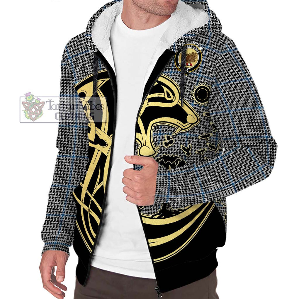 Gladstone Tartan Sherpa Hoodie with Family Crest Celtic Wolf Style Unisex S - Tartan Vibes Clothing