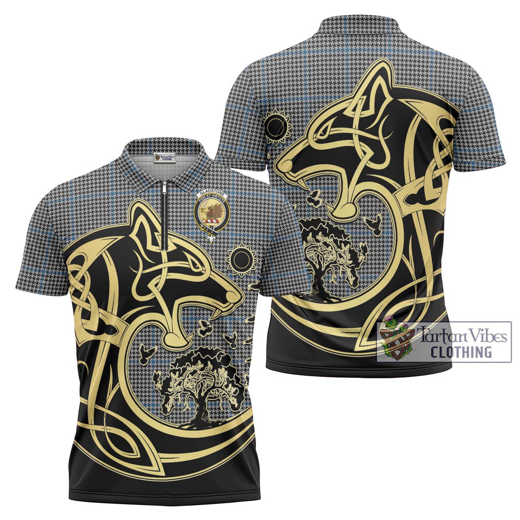 Gladstone Tartan Zipper Polo Shirt with Family Crest Celtic Wolf Style Unisex - Tartan Vibes Clothing