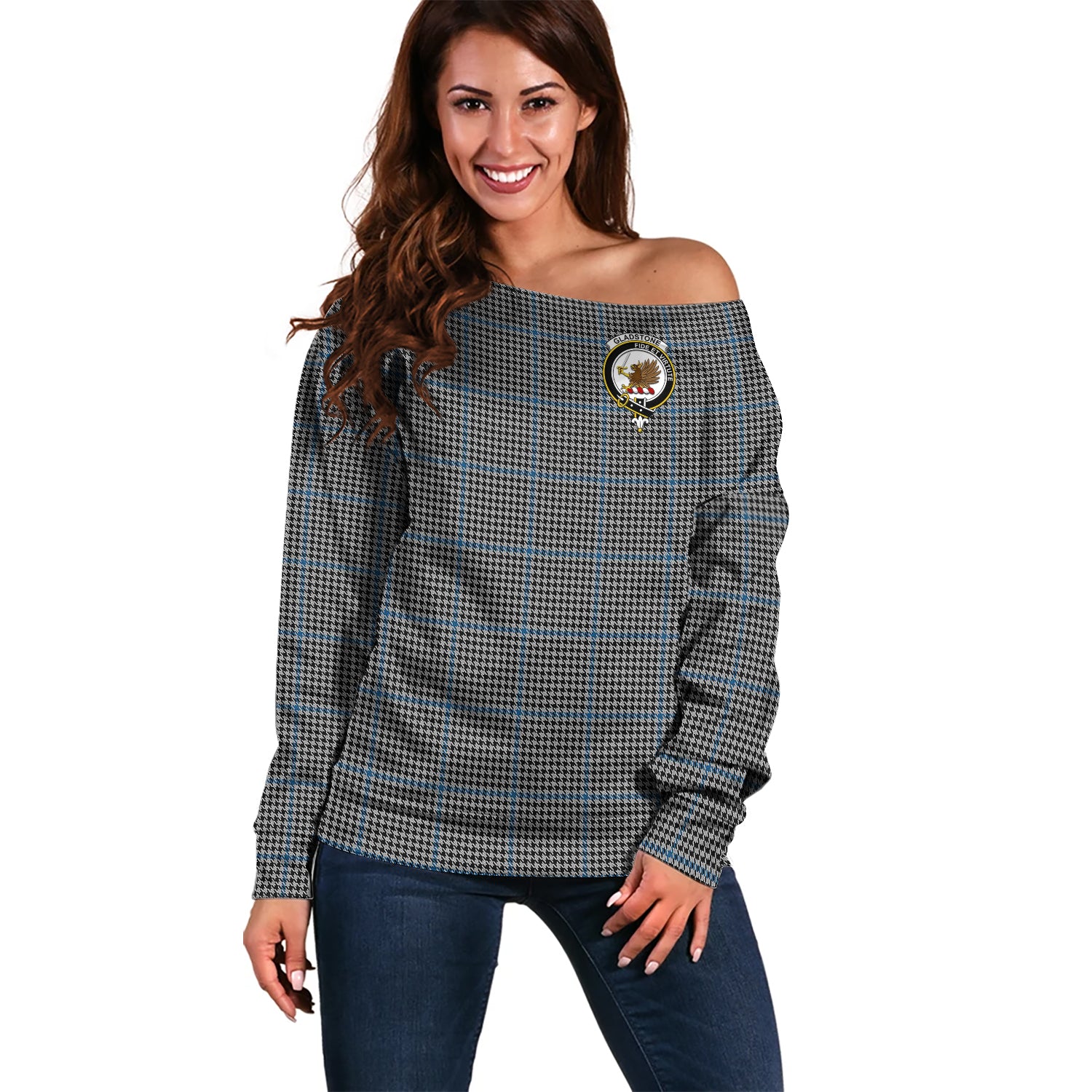Gladstone Tartan Off Shoulder Women Sweater with Family Crest Women - Tartan Vibes Clothing