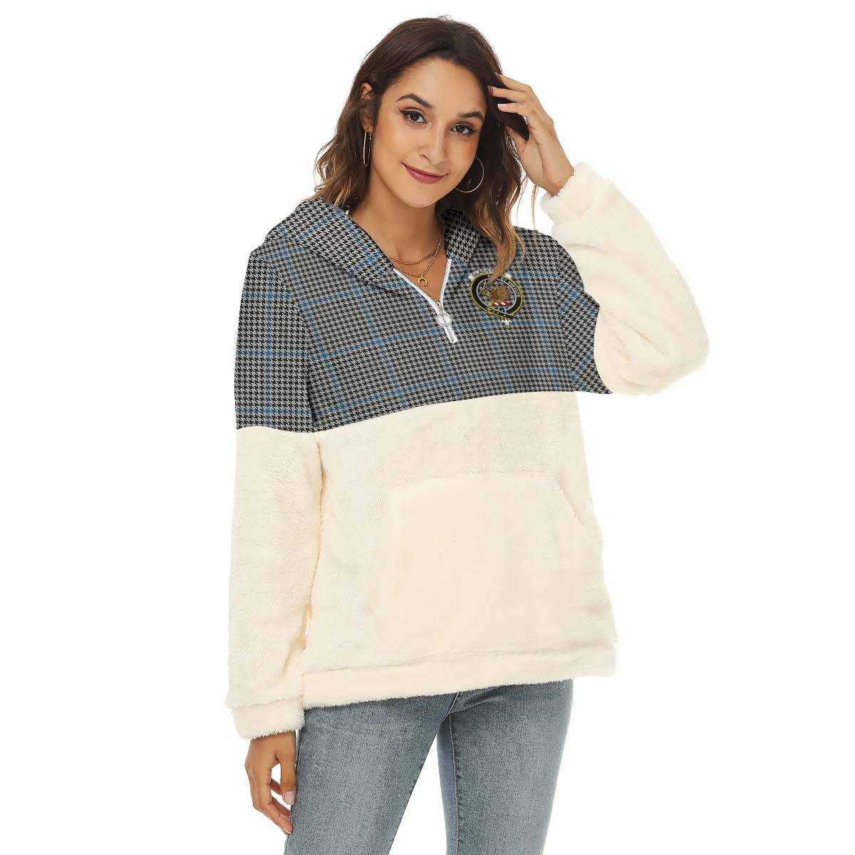 Gladstone Tartan Half Style Women's Borg Fleece Hoodie with Half Zip with Family Crest Female - Tartan Vibes Clothing