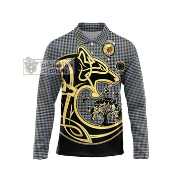 Gladstone Tartan Long Sleeve Polo Shirt with Family Crest Celtic Wolf Style Unisex - Tartan Vibes Clothing