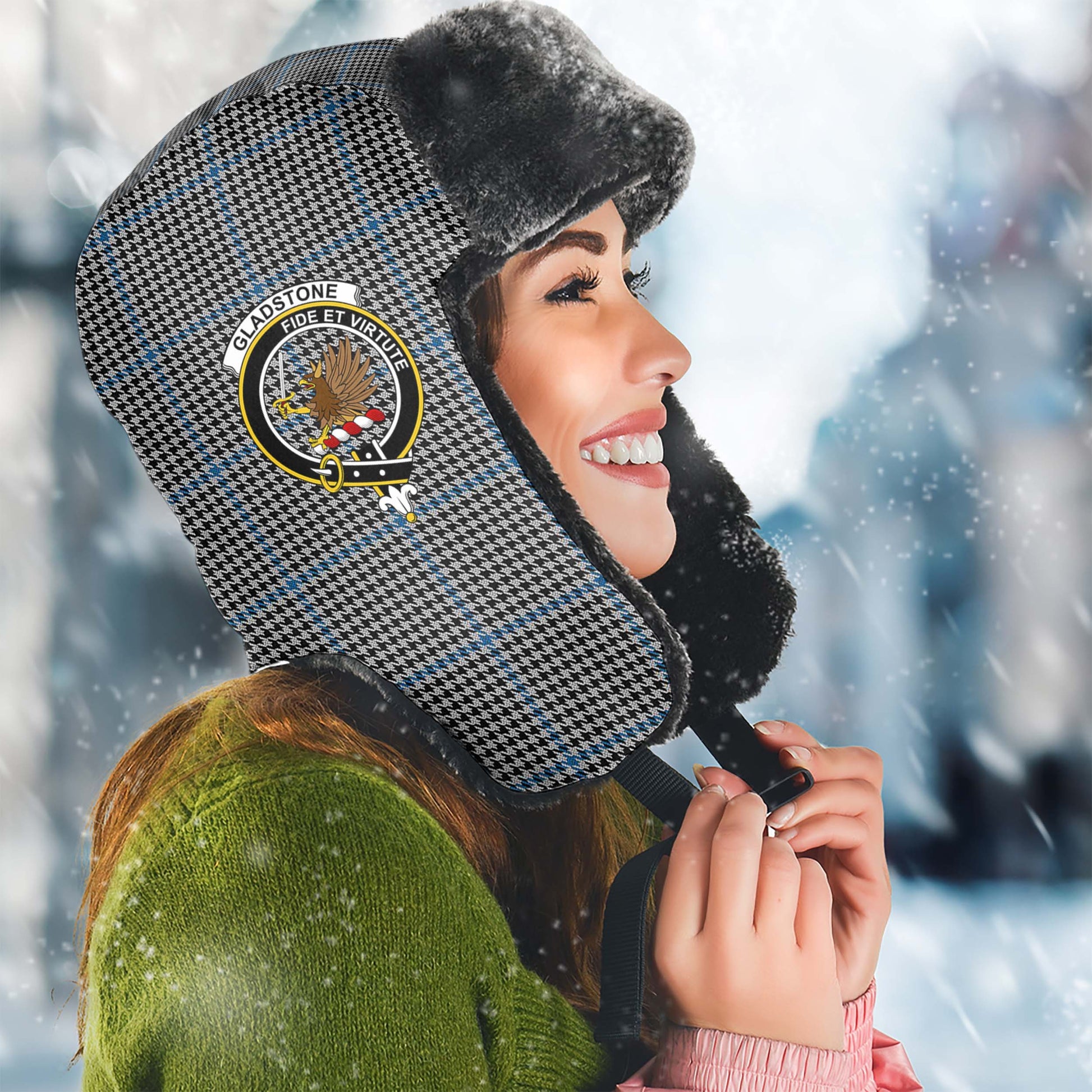 Gladstone Tartan Winter Trapper Hat with Family Crest Winter Trapper Hat Universal Fit Circumference 22.8in (58cm) - Tartan Vibes Clothing