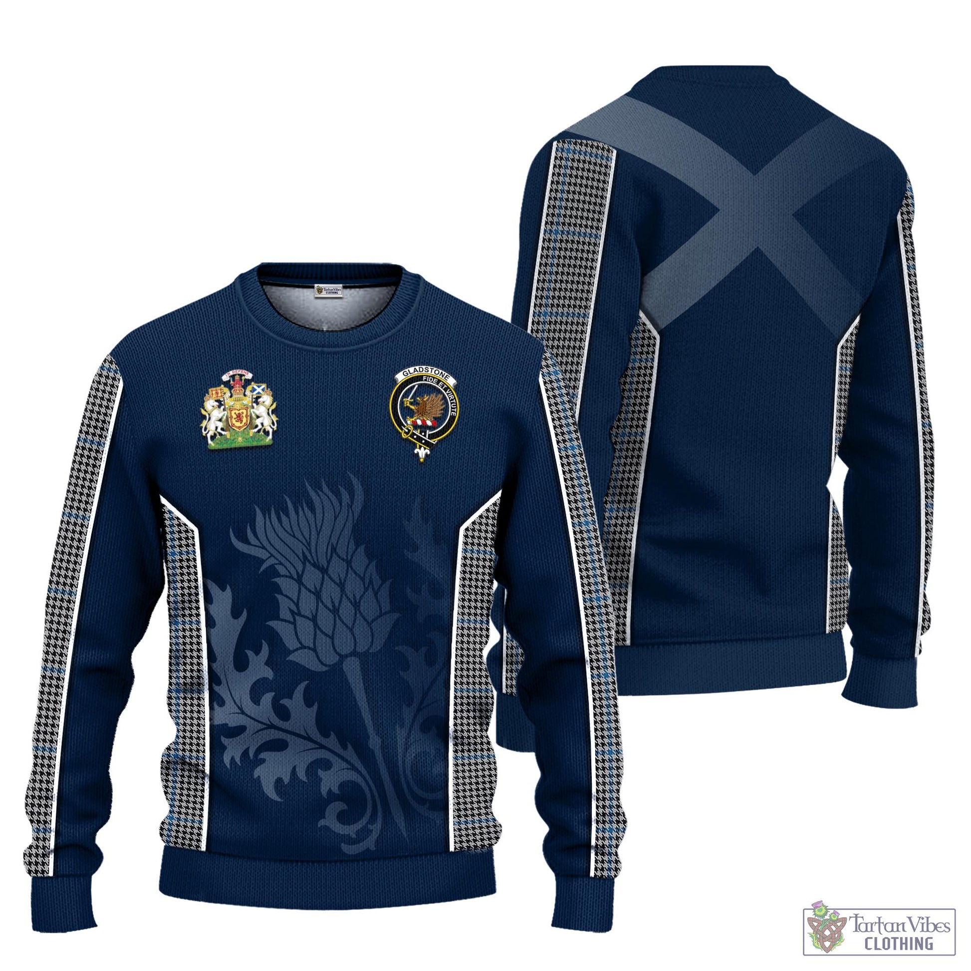 Gladstone Tartan Knitted Sweatshirt with Family Crest and Scottish Thistle Vibes Sport Style Unisex - Tartan Vibes Clothing