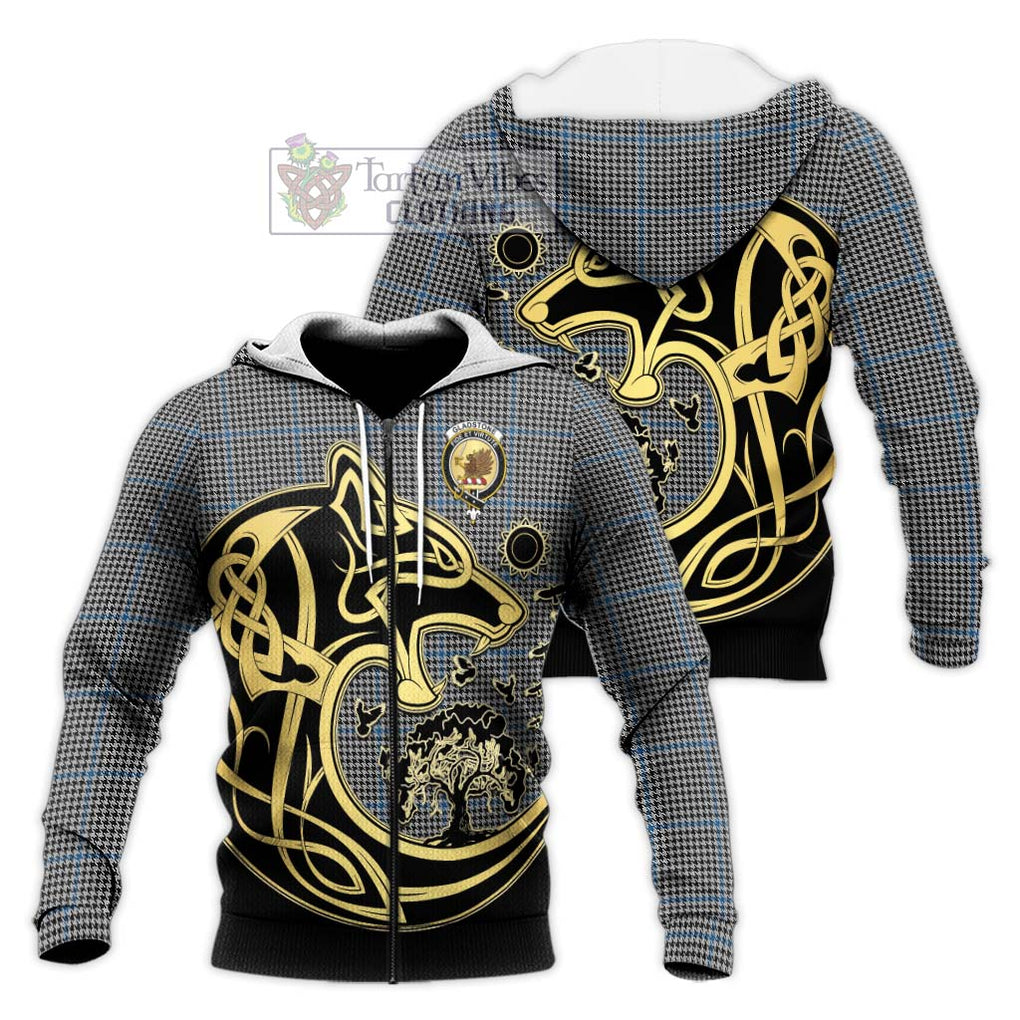 Gladstone Tartan Knitted Hoodie with Family Crest Celtic Wolf Style Unisex Knitted Zip Hoodie - Tartan Vibes Clothing