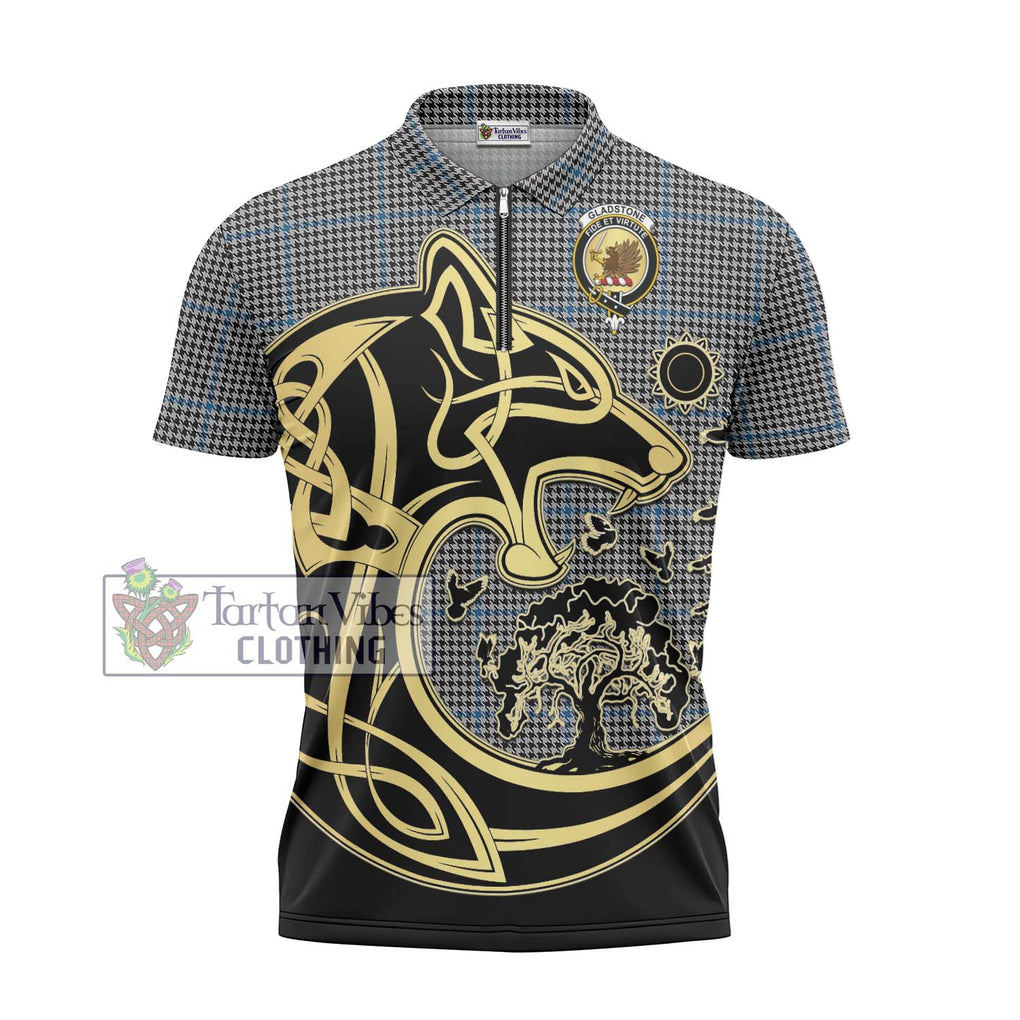 Gladstone Tartan Zipper Polo Shirt with Family Crest Celtic Wolf Style - Tartan Vibes Clothing