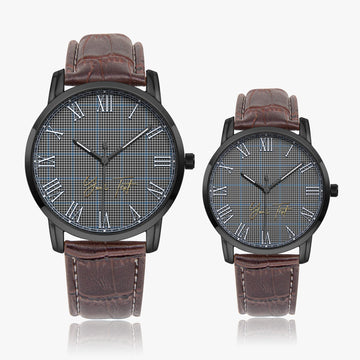 Gladstone Tartan Personalized Your Text Leather Trap Quartz Watch Wide Type Black Case With Brown Leather Strap - Tartanvibesclothing