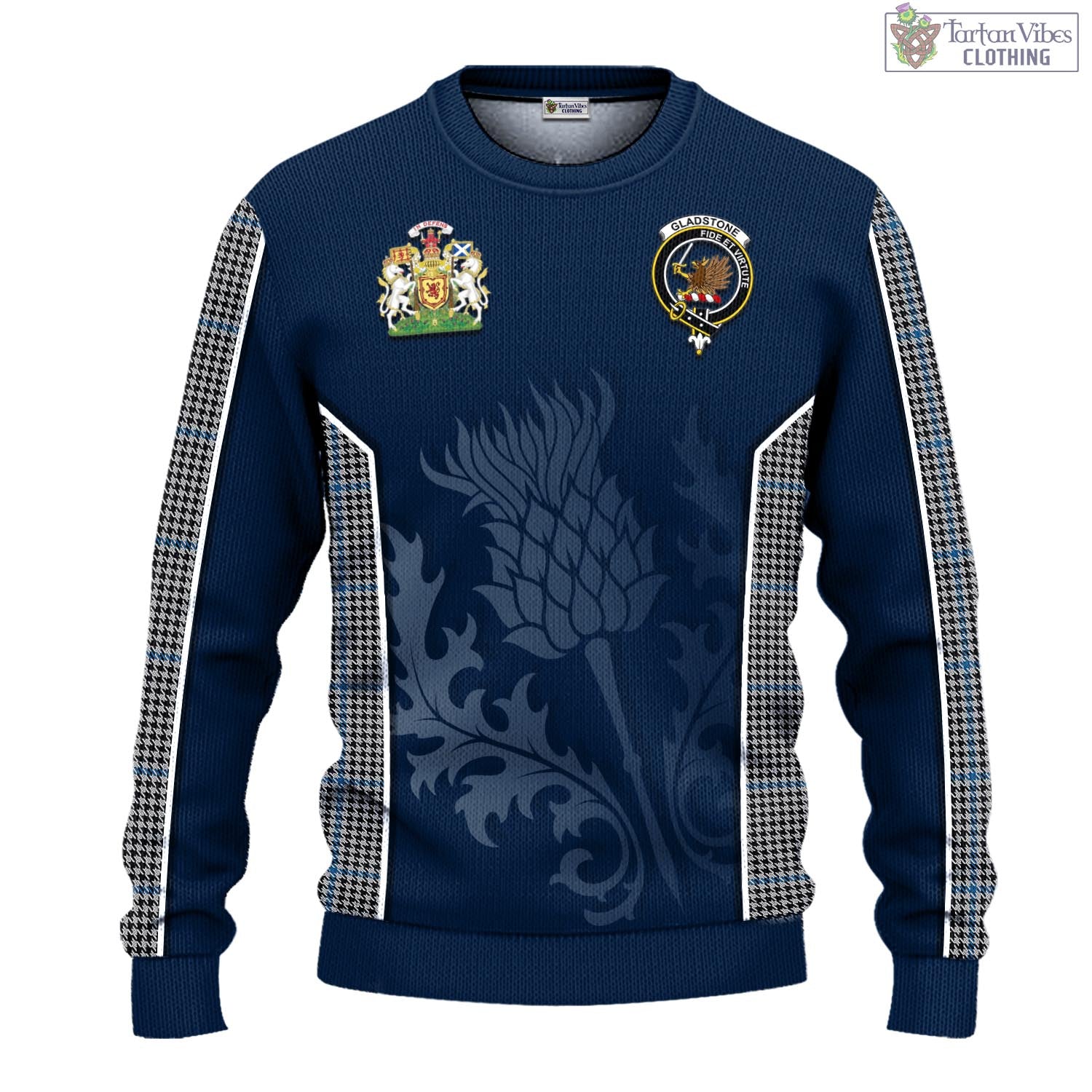 Gladstone Tartan Knitted Sweatshirt with Family Crest and Scottish Thistle Vibes Sport Style - Tartan Vibes Clothing