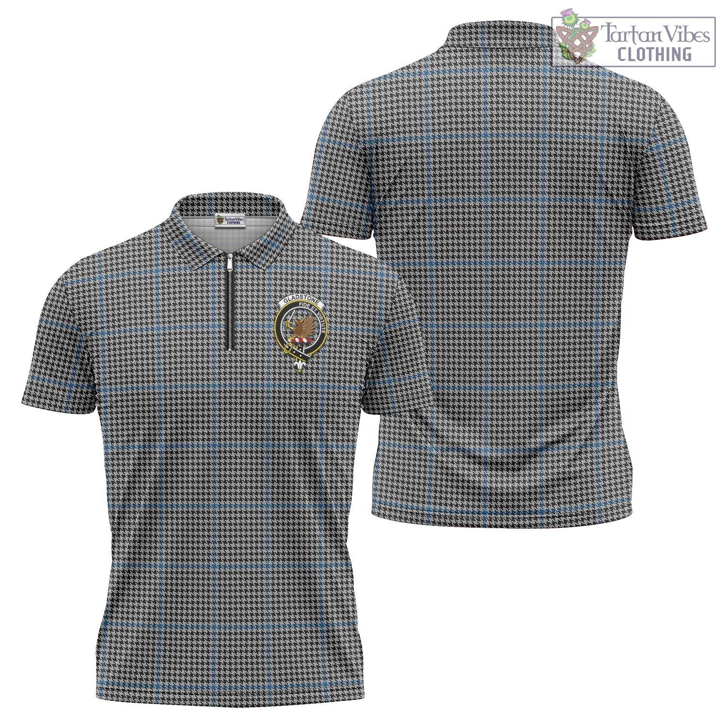 Gladstone Tartan Zipper Polo Shirt with Family Crest - Tartan Vibes Clothing