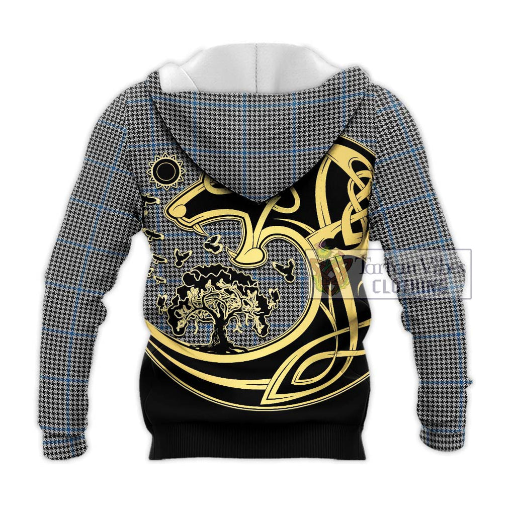 Gladstone Tartan Knitted Hoodie with Family Crest Celtic Wolf Style - Tartan Vibes Clothing