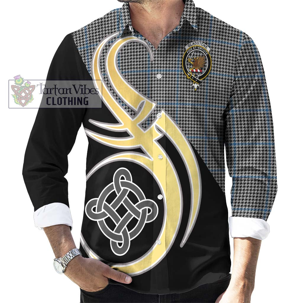 Gladstone Tartan Long Sleeve Button Shirt with Family Crest and Celtic Symbol Style - Tartan Vibes Clothing