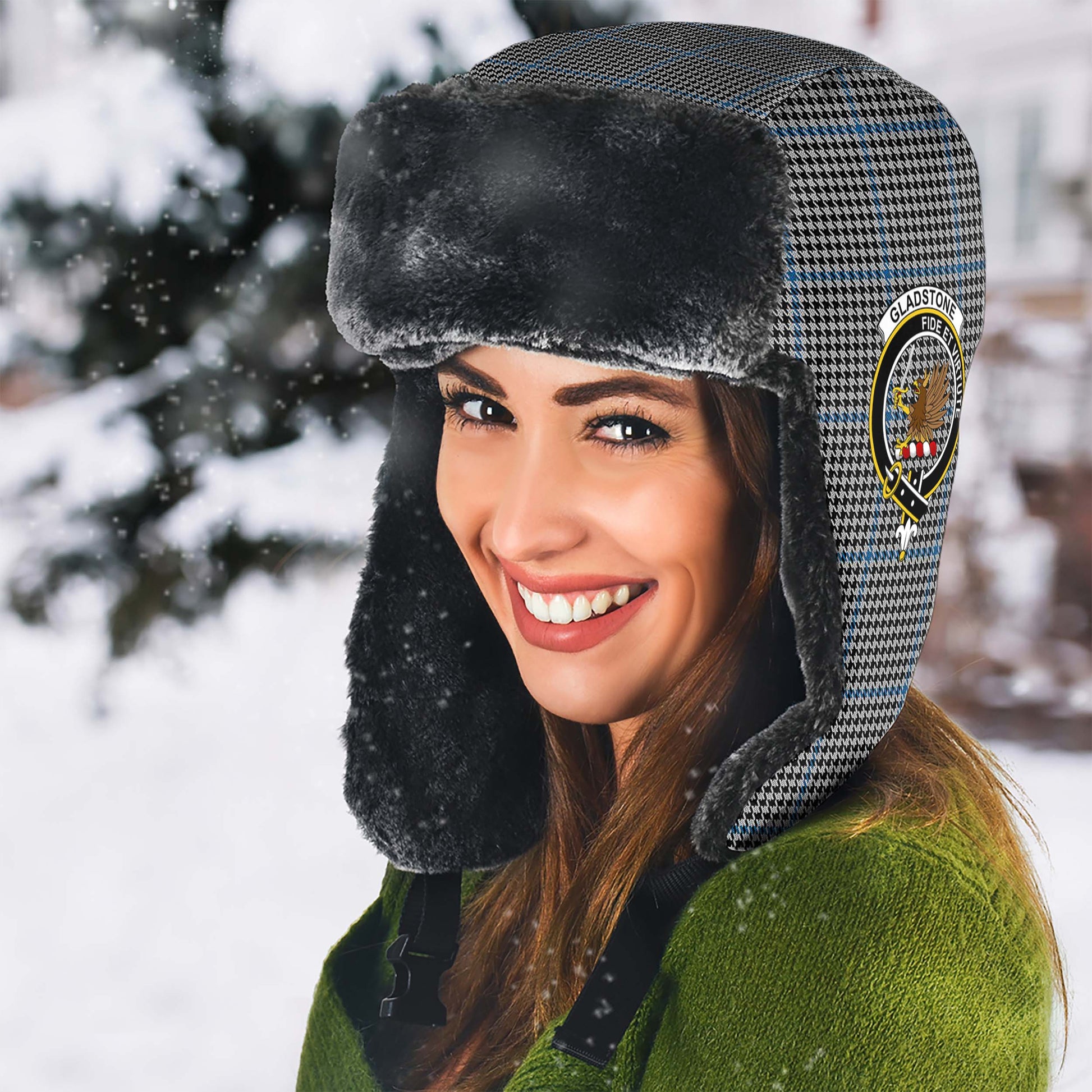 Gladstone Tartan Winter Trapper Hat with Family Crest - Tartan Vibes Clothing