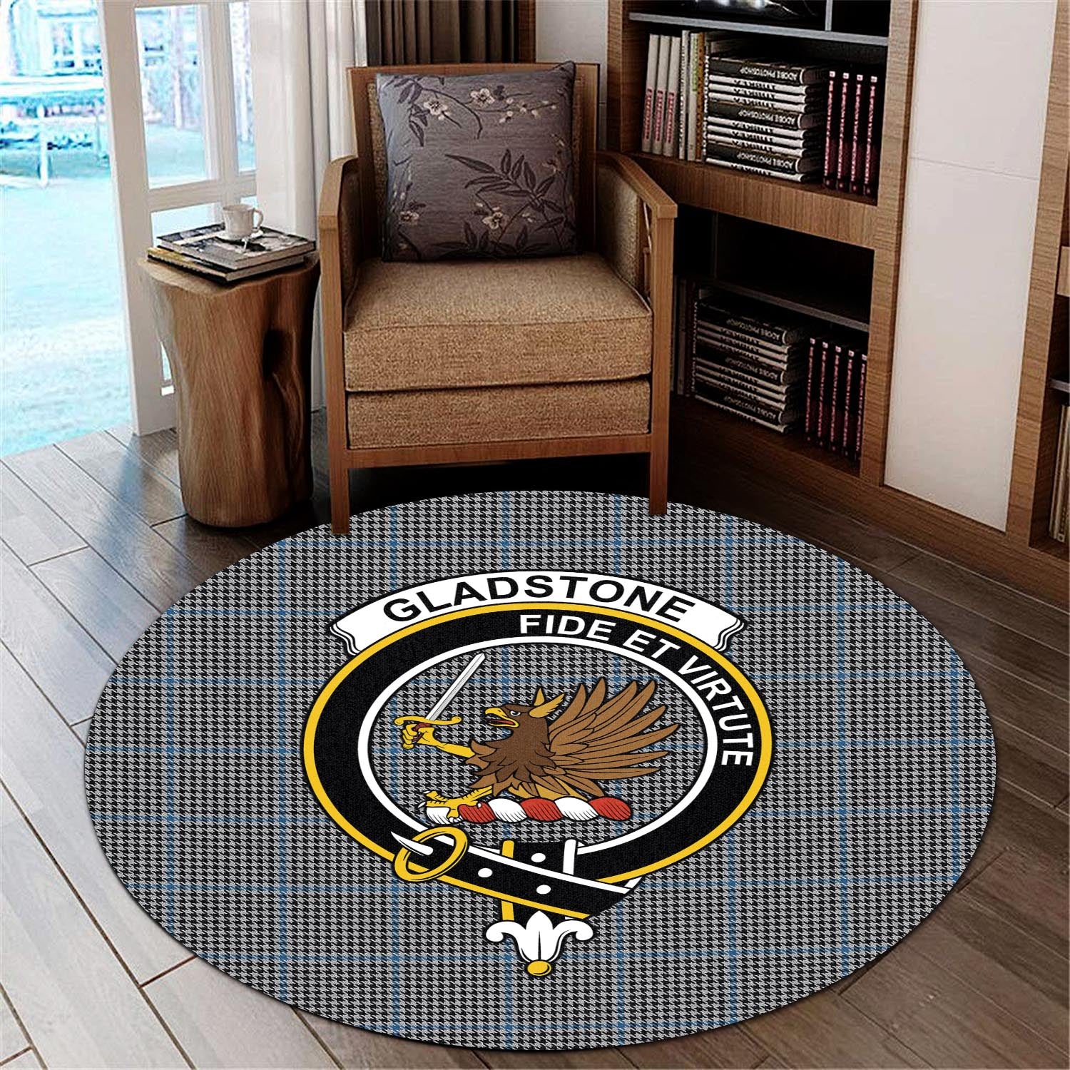 Gladstone Tartan Round Rug with Family Crest - Tartan Vibes Clothing