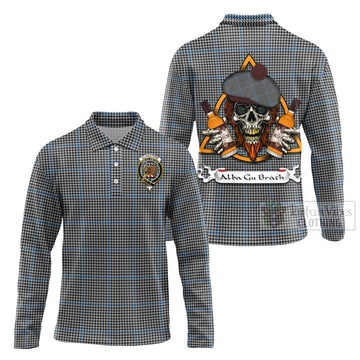 Gladstone (Gladstanes) Tartan Long Sleeve Polo Shirt with Family Crest and Bearded Skull Holding Bottles of Whiskey Unisex - Tartan Vibes Clothing