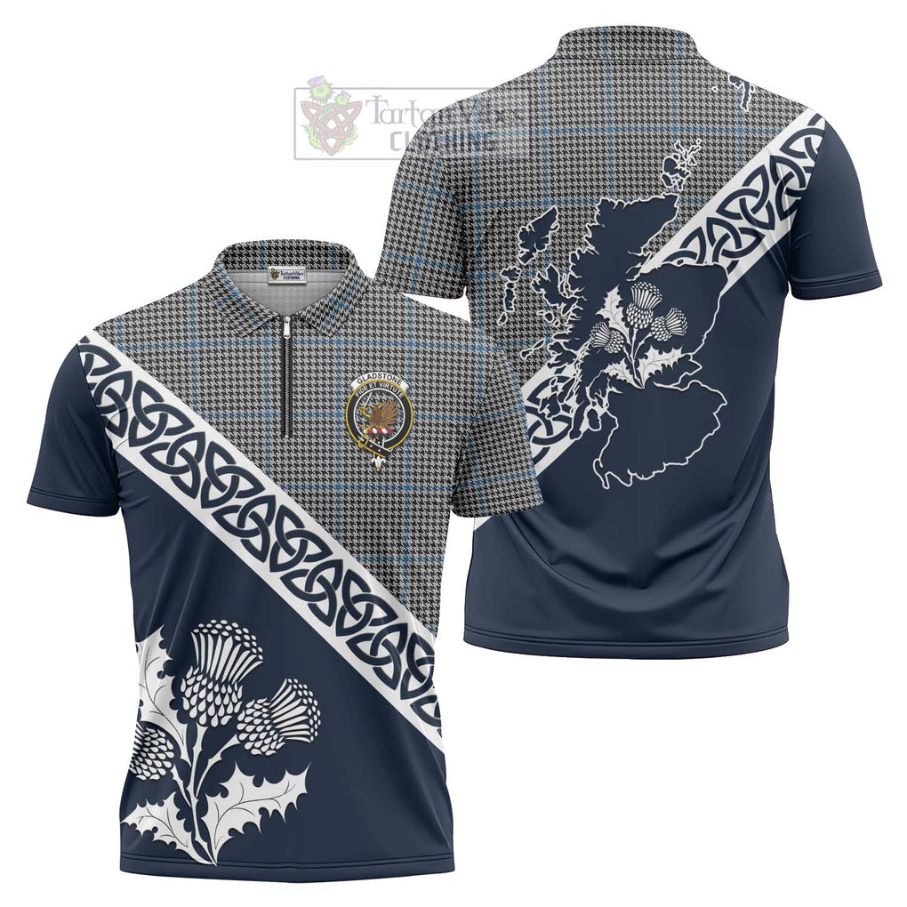 Gladstone (Gladstanes) Tartan Zipper Polo Shirt Featuring Thistle and Scotland Map Unisex - Tartanvibesclothing Store