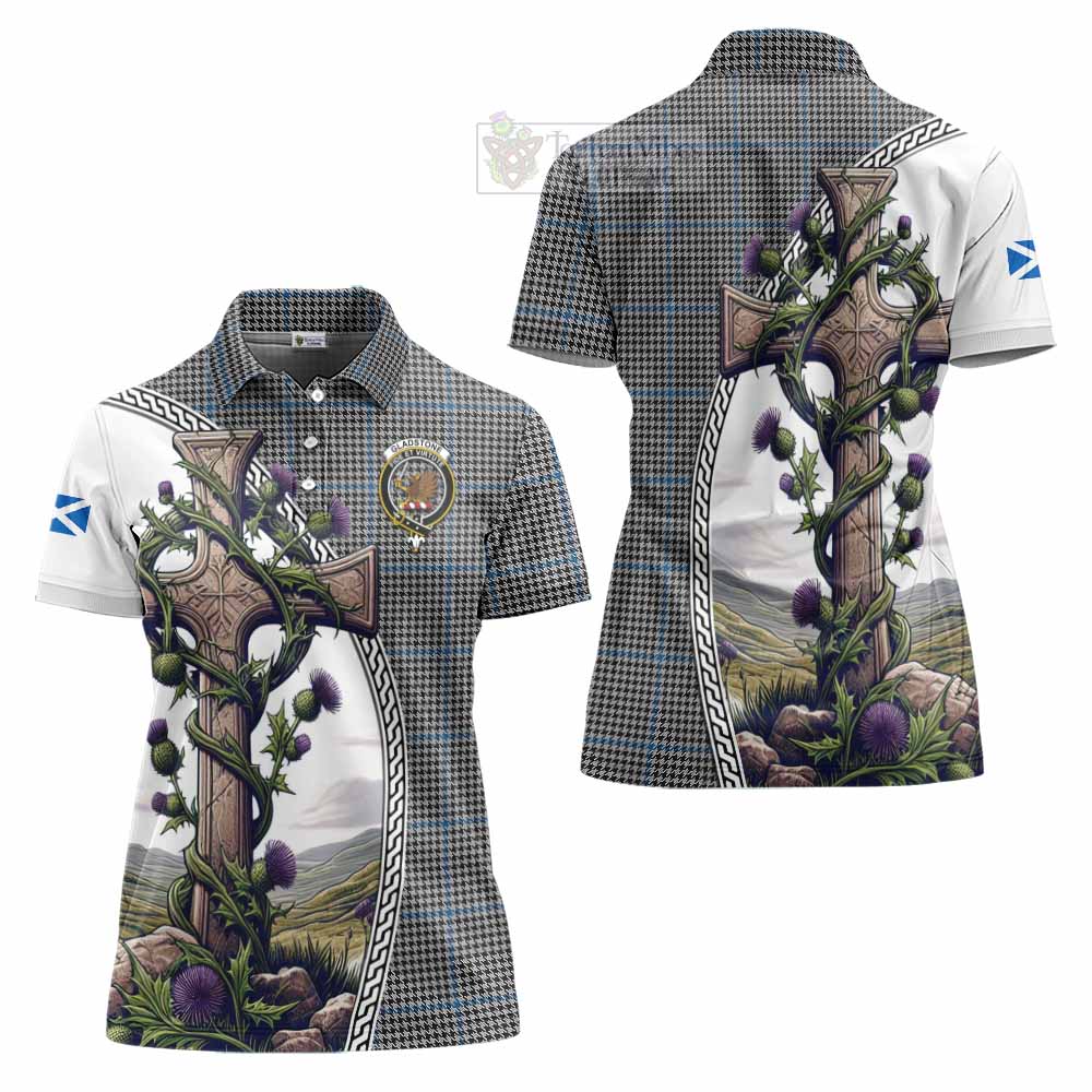 Tartan Vibes Clothing Gladstone (Gladstanes) Tartan Women's Polo Shirt with Family Crest and St. Andrew's Cross Accented by Thistle Vines