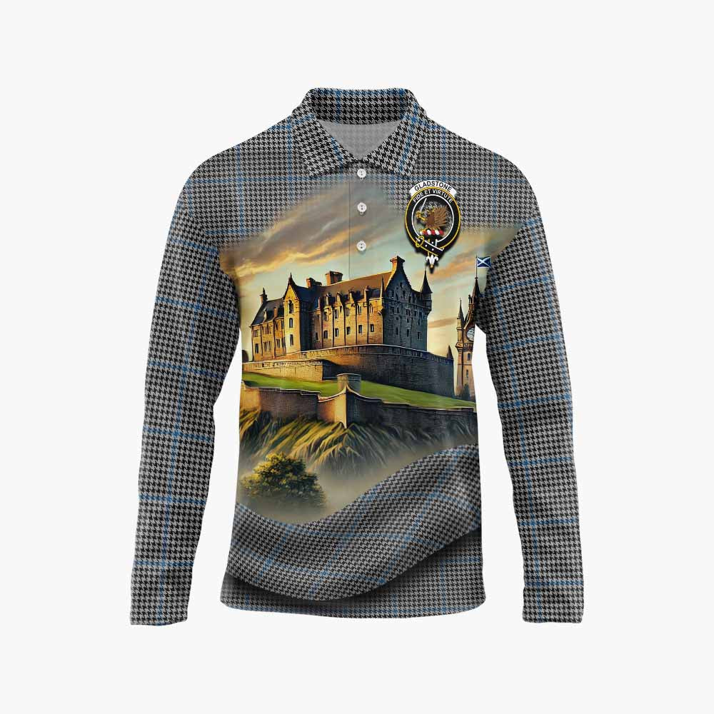 Gladstone (Gladstanes) Tartan Family Crest Long Sleeve Polo Shirt with Scottish Ancient Castle Style Unisex - Tartan Vibes Clothing