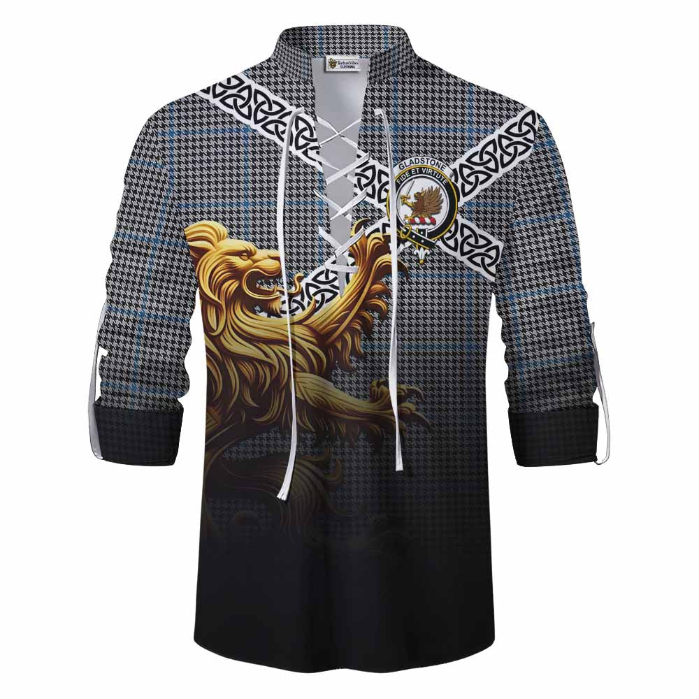 Tartan Vibes Clothing Gladstone (Gladstanes) Crest Tartan Ghillie Kilt Shirt with Golden Lion Emblem Celtic Style