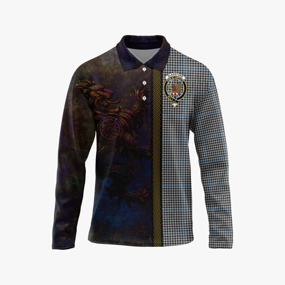 Tartan Vibes Clothing Gladstone (Gladstanes) Tartan Family Crest Long Sleeve Polo Shirt Alba Gu Brath Be Brave Lion Ancient Style