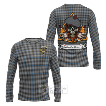 Gladstone (Gladstanes) Tartan Long Sleeve T-Shirt with Family Crest and Bearded Skull Holding Bottles of Whiskey Unisex - Tartan Vibes Clothing