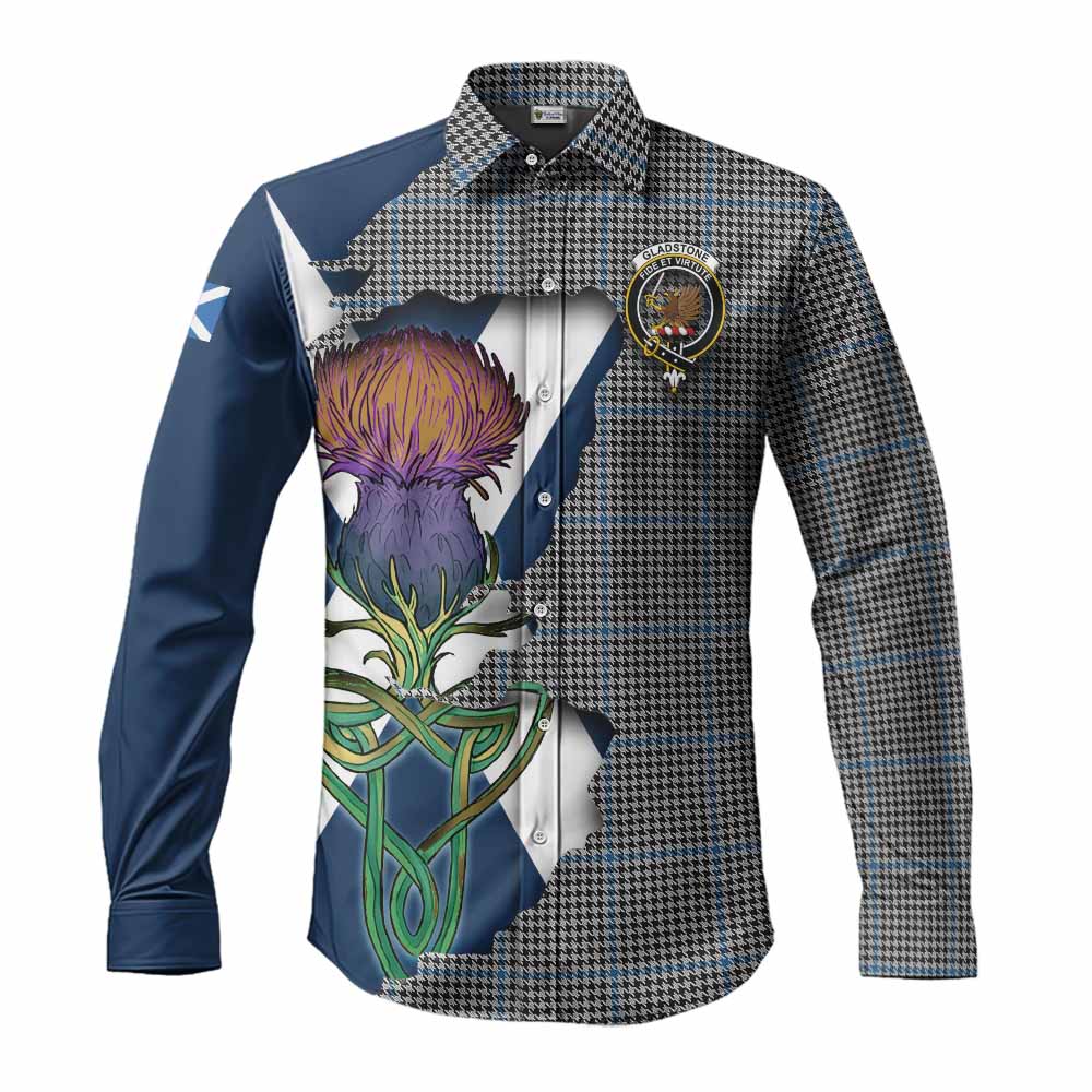 Tartan Vibes Clothing Gladstone (Gladstanes) Tartan Family Crest Long Sleeve Button Shirt Scottish Thistle Celtic Inspired