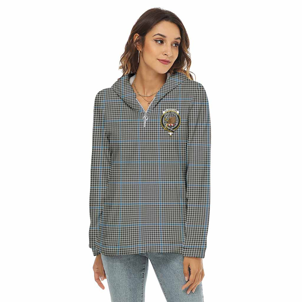 Gladstone (Gladstanes) Tartan Women's Borg Fleece Hoodie with Half Zip with Family Crest Female - Tartan Vibes Clothing