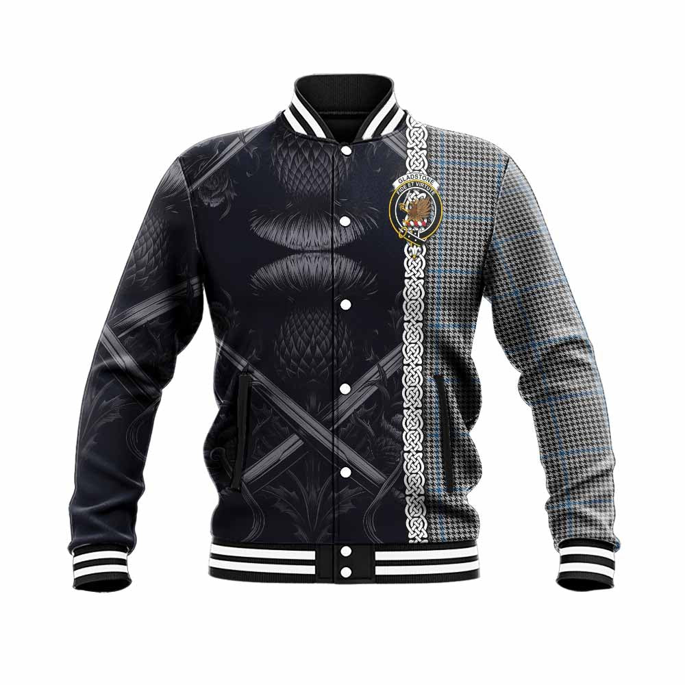 Gladstone (Gladstanes) Tartan Baseball Jacket with Family Crest Cross Sword Thistle Celtic Vibes Unisex - Tartan Vibes Clothing