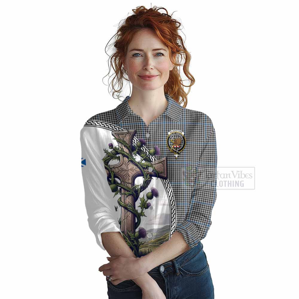 Tartan Vibes Clothing Gladstone (Gladstanes) Tartan Women's Casual Shirt with Family Crest and St. Andrew's Cross Accented by Thistle Vines