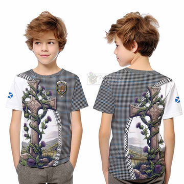 Tartan Vibes Clothing Gladstone (Gladstanes) Tartan Kid T-Shirt with Family Crest and St. Andrew's Cross Accented by Thistle Vines