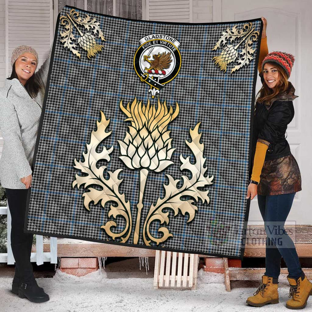 Tartan Vibes Clothing Gladstone (Gladstanes) Tartan Quilt with Family Crest and Golden Thistle Style