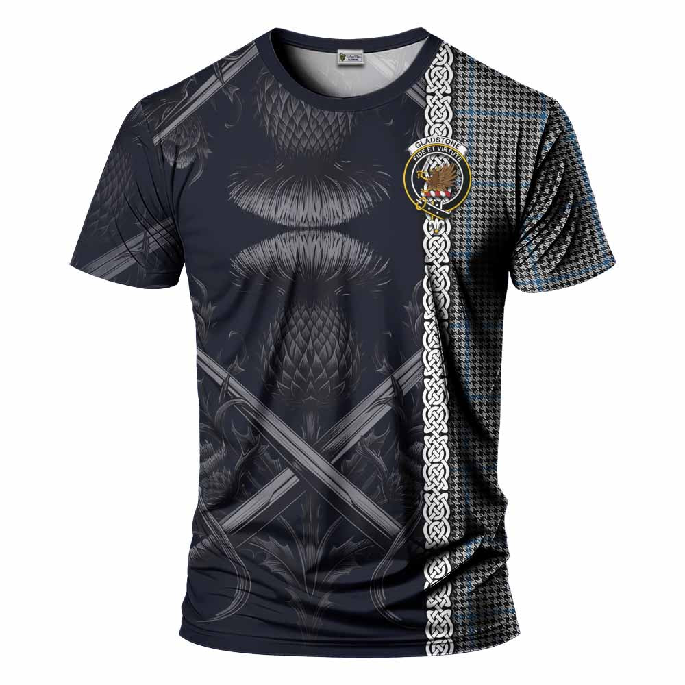 Tartan Vibes Clothing Gladstone (Gladstanes) Tartan T-Shirt with Family Crest Cross Sword Thistle Celtic Vibes