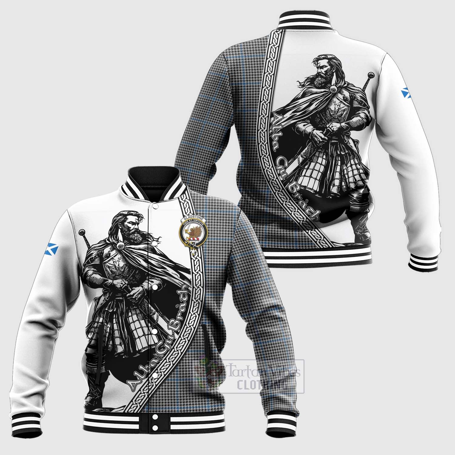Gladstone (Gladstanes) Tartan Clan Crest Baseball Jacket with Highlander Warrior Celtic Style Unisex - Tartan Vibes Clothing