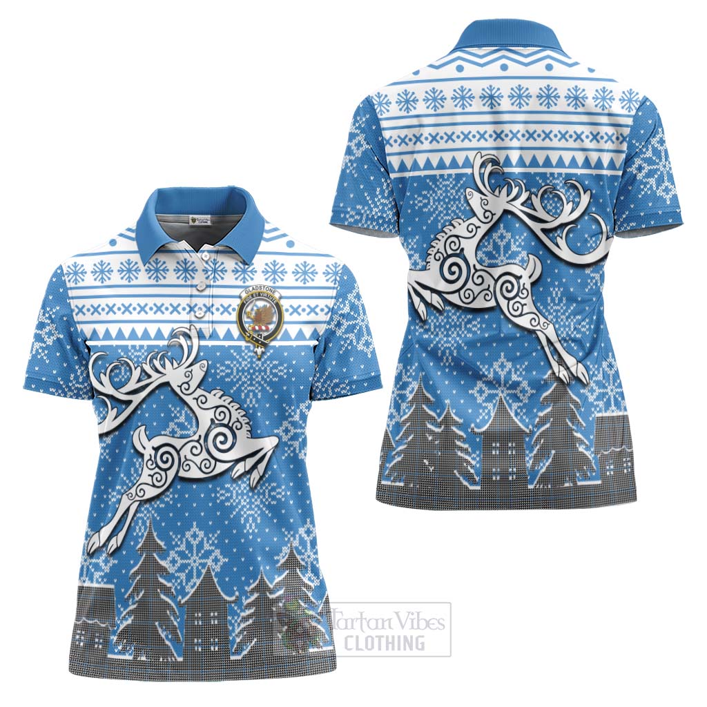 Gladstone (Gladstanes) Clan Christmas Women's Polo Shirt Celtic Reindeer Style Women - Tartan Vibes Clothing