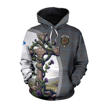 Tartan Vibes Clothing Gladstone (Gladstanes) Tartan Cotton Hoodie with Family Crest and St. Andrew's Cross Accented by Thistle Vines