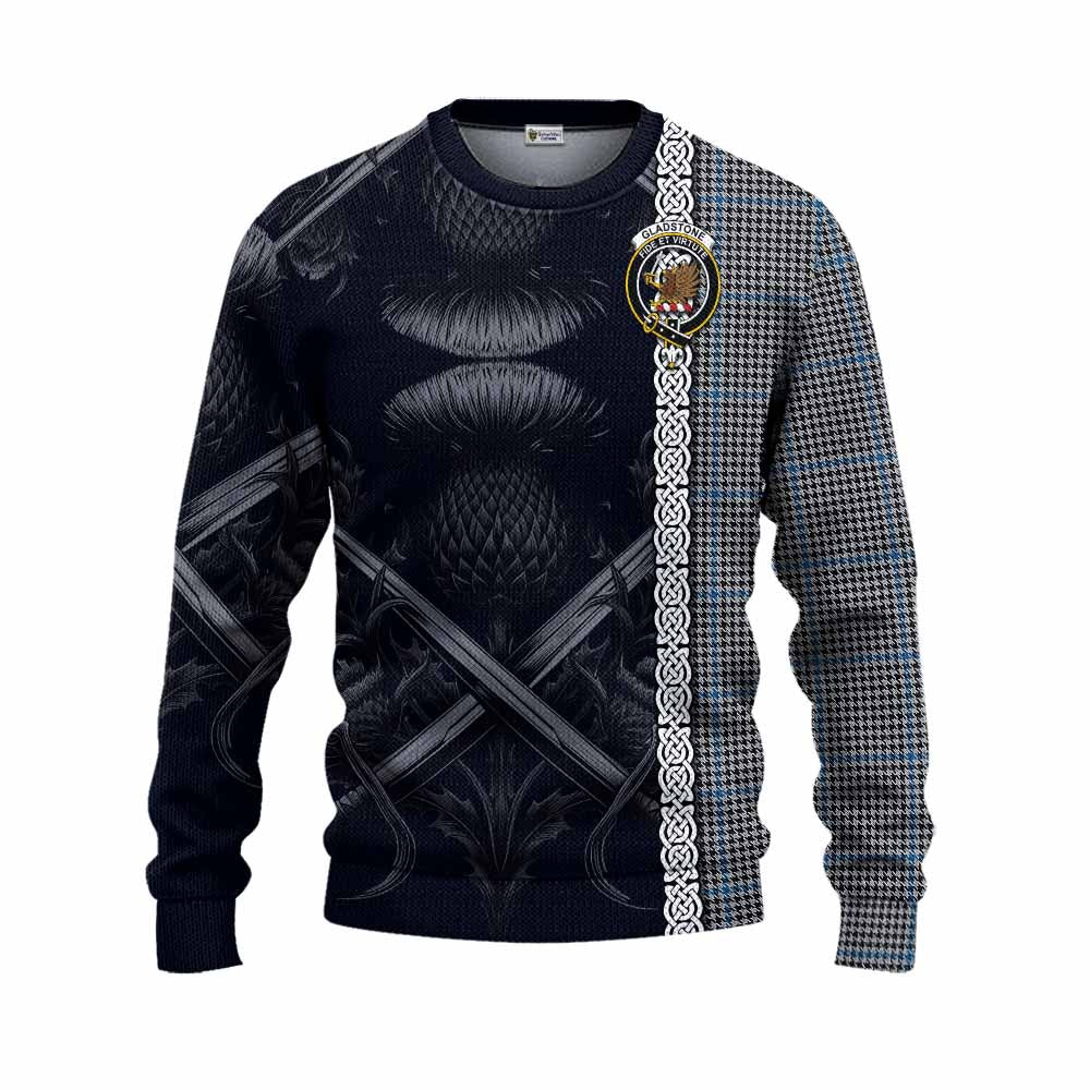 Gladstone (Gladstanes) Tartan Knitted Sweater with Family Crest Cross Sword Thistle Celtic Vibes Unisex - Tartan Vibes Clothing