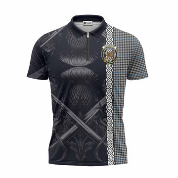 Gladstone (Gladstanes) Tartan Zipper Polo Shirt with Family Crest Cross Sword Thistle Celtic Vibes Unisex - Tartan Vibes Clothing