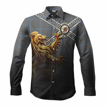 Tartan Vibes Clothing Gladstone (Gladstanes) Crest Tartan Long Sleeve Button Shirt with Golden Lion Emblem Celtic Style
