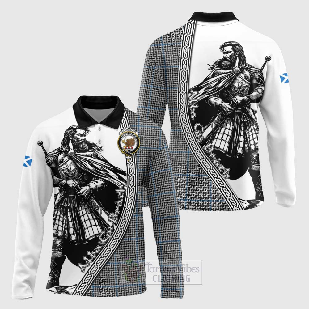 Gladstone (Gladstanes) Tartan Clan Crest Long Sleeve Polo Shirt with Highlander Warrior Celtic Style Unisex - Tartan Vibes Clothing