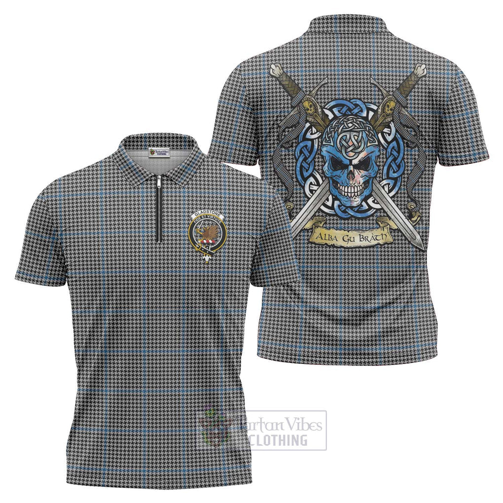 Gladstone (Gladstanes) Tartan Zipper Polo Shirt with Family Crest Celtic Skull Style Unisex - Tartan Vibes Clothing