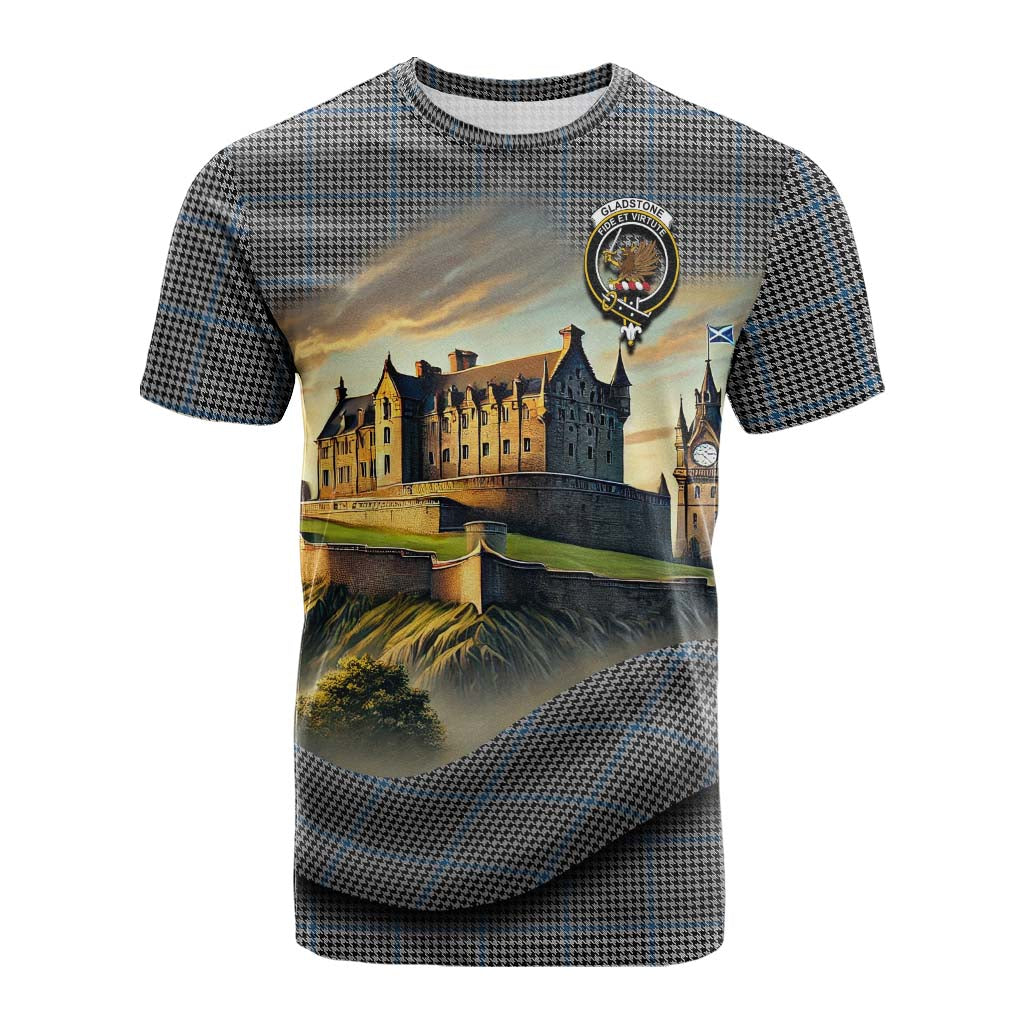 Tartan Vibes Clothing Gladstone (Gladstanes) Tartan Family Crest Cotton T-shirt with Scottish Ancient Castle Style