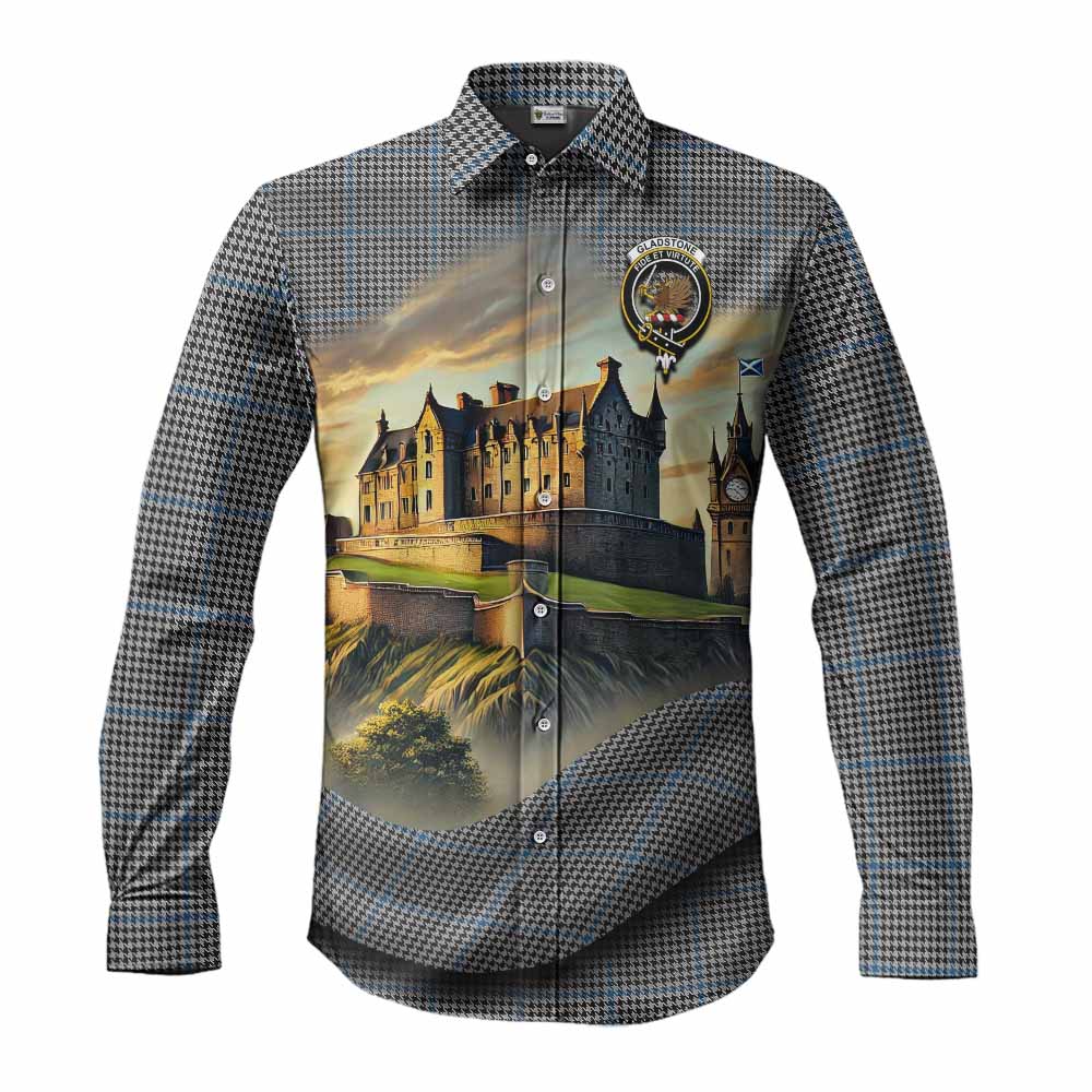 Tartan Vibes Clothing Gladstone (Gladstanes) Tartan Family Crest Long Sleeve Button Shirt with Scottish Ancient Castle Style