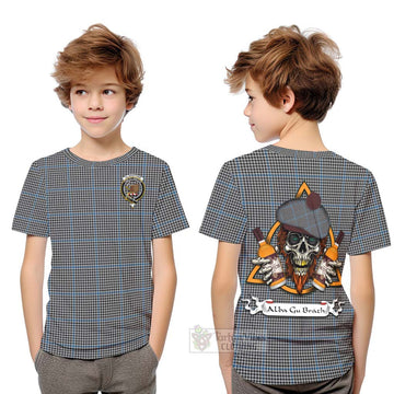 Gladstone (Gladstanes) Tartan Kid T-Shirt with Family Crest and Bearded Skull Holding Bottles of Whiskey Youth XL Size14 - Tartan Vibes Clothing