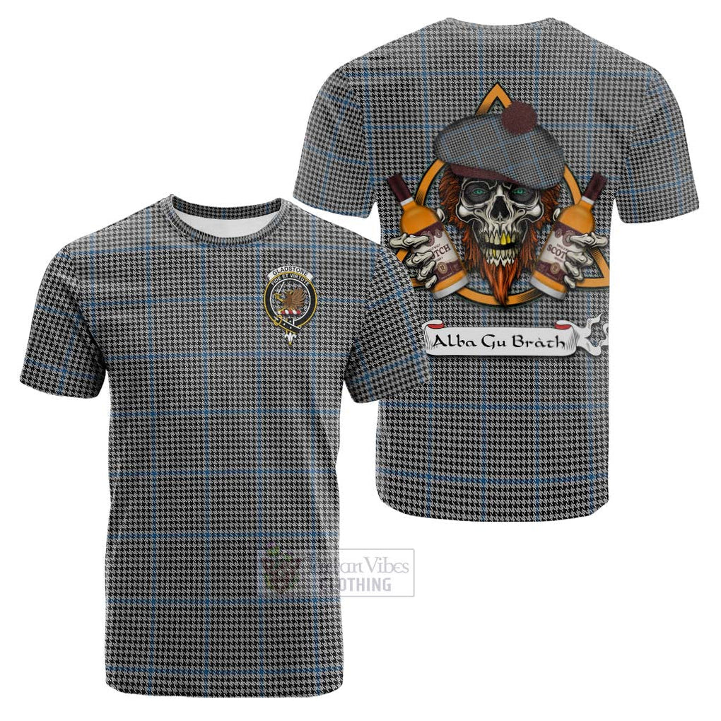 Tartan Vibes Clothing Gladstone (Gladstanes) Tartan Cotton T-shirt with Family Crest and Bearded Skull Holding Bottles of Whiskey