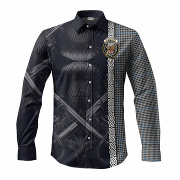 Tartan Vibes Clothing Gladstone (Gladstanes) Tartan Long Sleeve Button Shirt with Family Crest Cross Sword Thistle Celtic Vibes