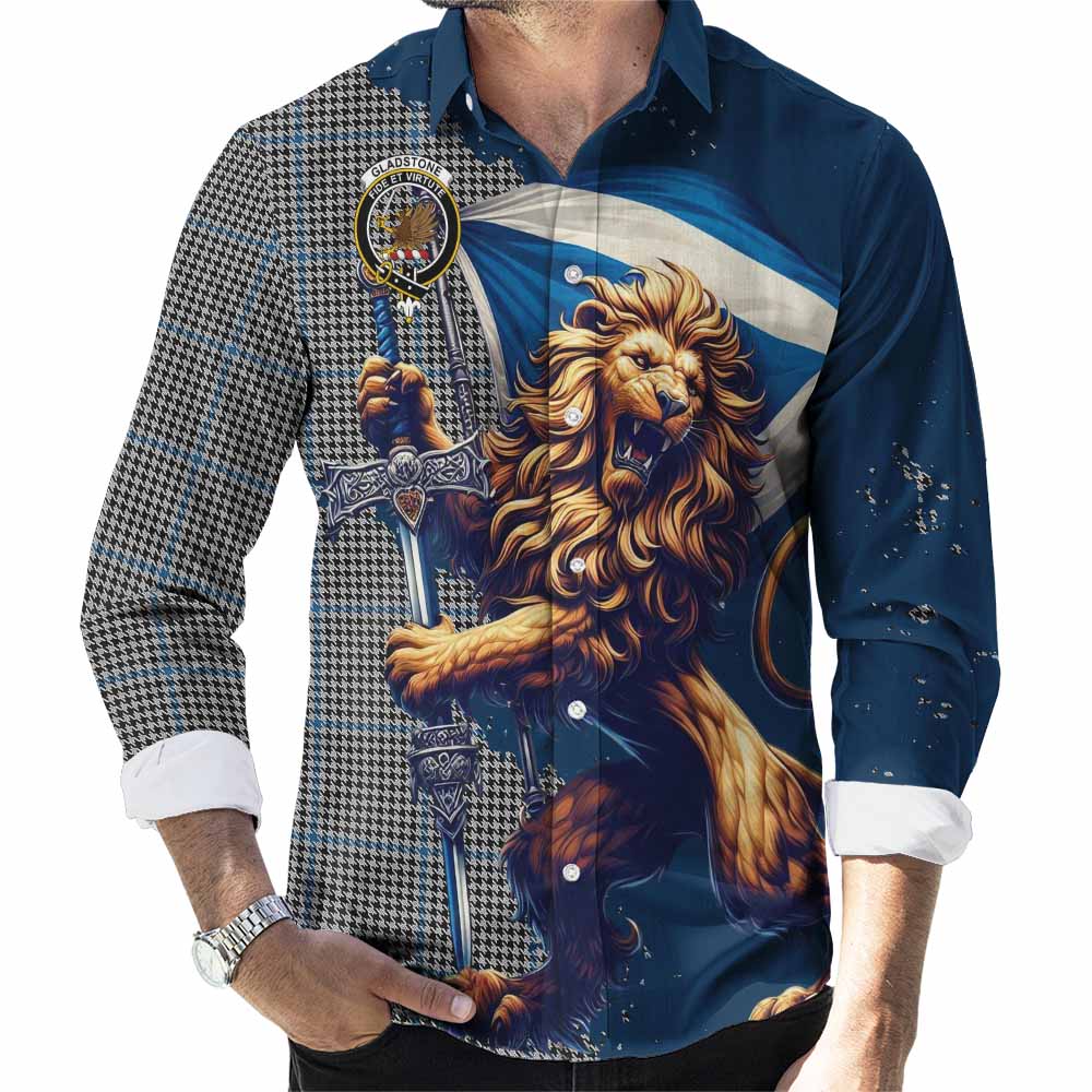 Gladstone (Gladstanes) Tartan Family Crest Long Sleeve Button Shirt with Scottish Majestic Lion Men's Shirt S - Tartan Vibes Clothing