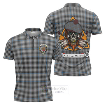Gladstone (Gladstanes) Tartan Zipper Polo Shirt with Family Crest and Bearded Skull Holding Bottles of Whiskey Unisex - Tartan Vibes Clothing