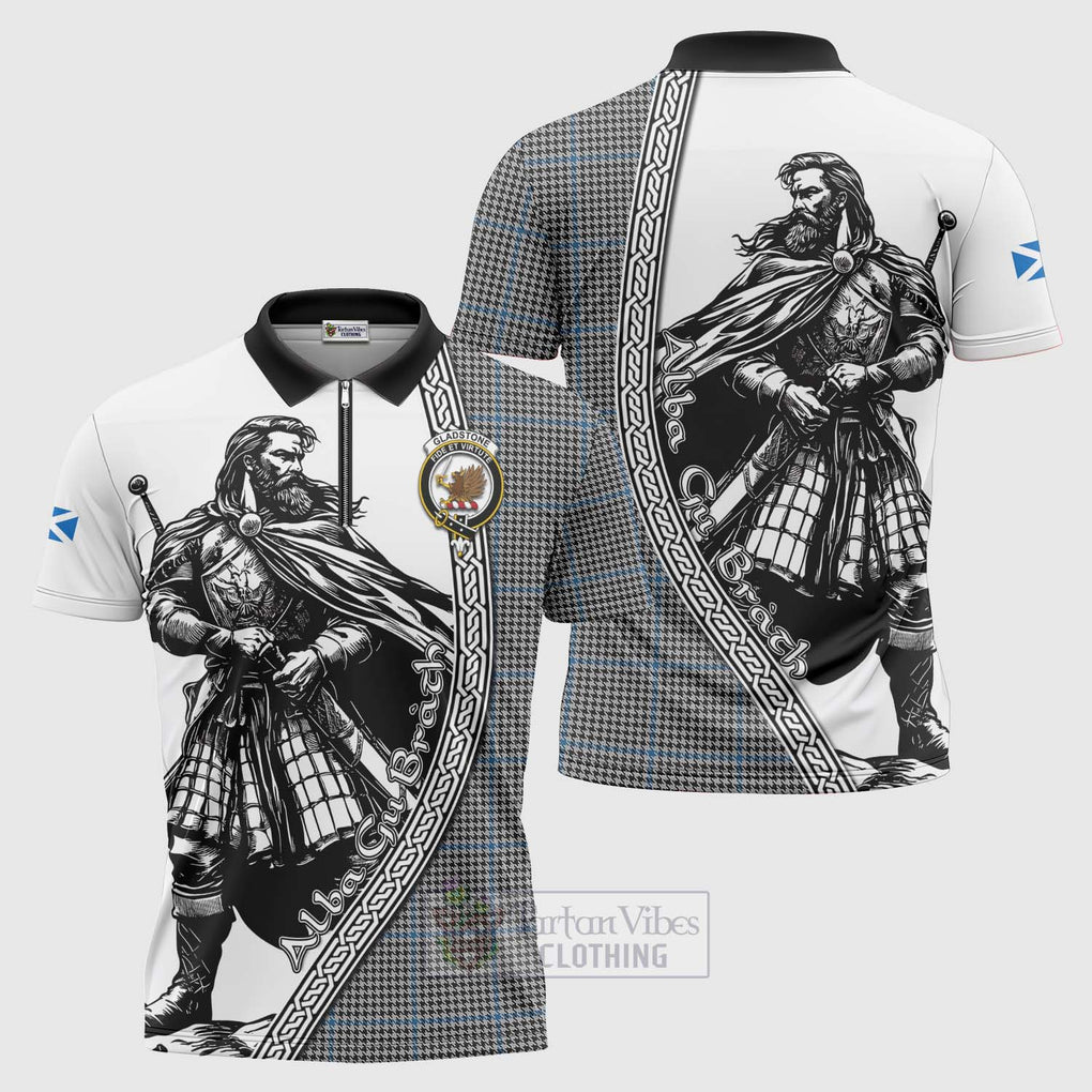 Gladstone (Gladstanes) Tartan Clan Crest Zipper Polo Shirt with Highlander Warrior Celtic Style Unisex - Tartan Vibes Clothing