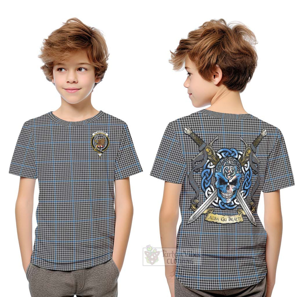 Gladstone (Gladstanes) Tartan Kid T-Shirt with Family Crest Celtic Skull Style Youth XL Size14 - Tartan Vibes Clothing