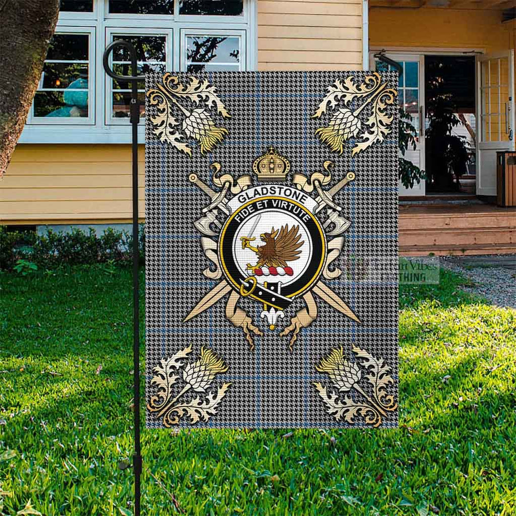 Gladstone (Gladstanes) Tartan Garden Flag with Family Crest and Golden Thistle Crossed Sword Design Garden Flag - Tartan Vibes Clothing