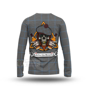 Gladstone (Gladstanes) Tartan Long Sleeve T-Shirt with Family Crest and Bearded Skull Holding Bottles of Whiskey - Tartan Vibes Clothing