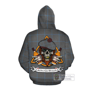 Gladstone (Gladstanes) Tartan Cotton Hoodie with Family Crest and Bearded Skull Holding Bottles of Whiskey Pullover Hoodie - Tartan Vibes Clothing